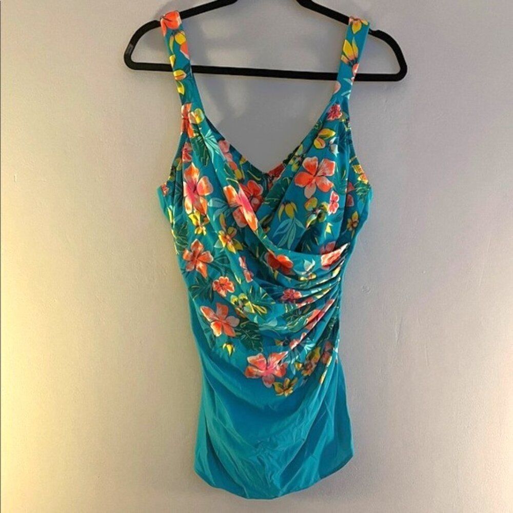 Lands' End Teal Floral Women's One Piece Swimsuit - Size 14L